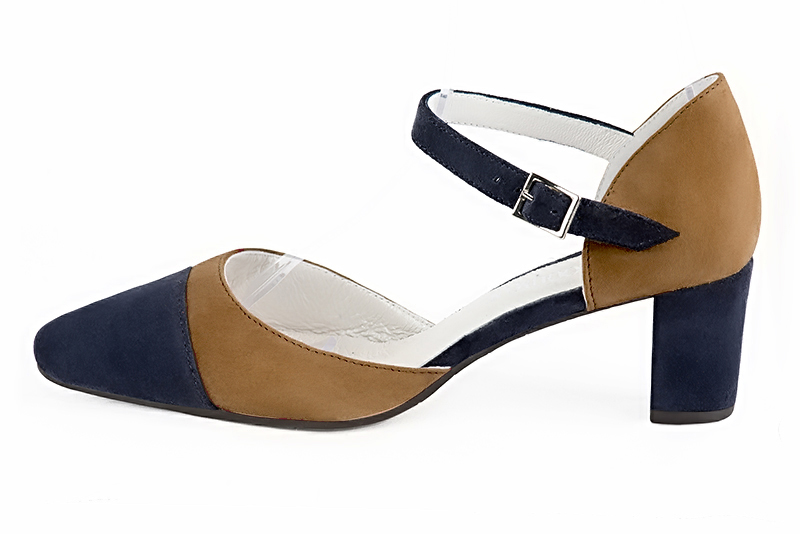 Navy blue and camel beige women's open side shoes, with an instep strap. Round toe. Medium block heels - Florence KOOIJMAN